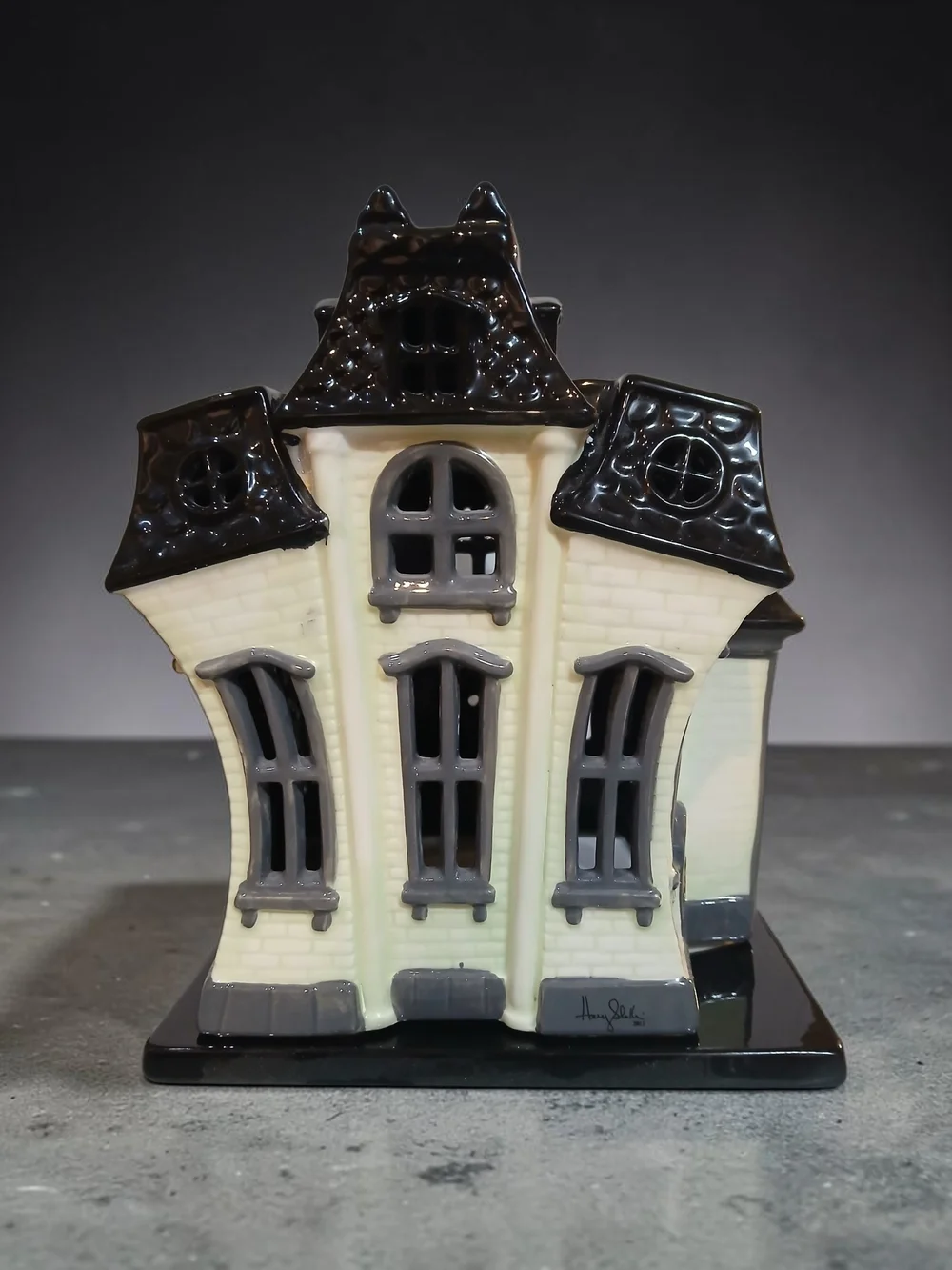 Ceramic Haunted House Luminary with Skull Door - Black & Cream